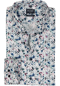 OLYMP modern fit overhemd, popeline, wit met blauw en roze bloemen dessin