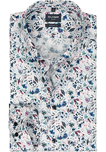 OLYMP modern fit overhemd, mouwlengte 7, popeline, wit met blauw en roze bloemen dessin