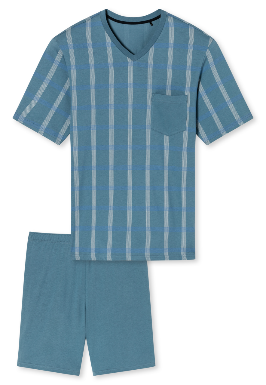 SCHIESSER Comfort Nightwear pyjamaset, heren pyjama short organic cotton V-hals borstzak blauw-grijs geruit