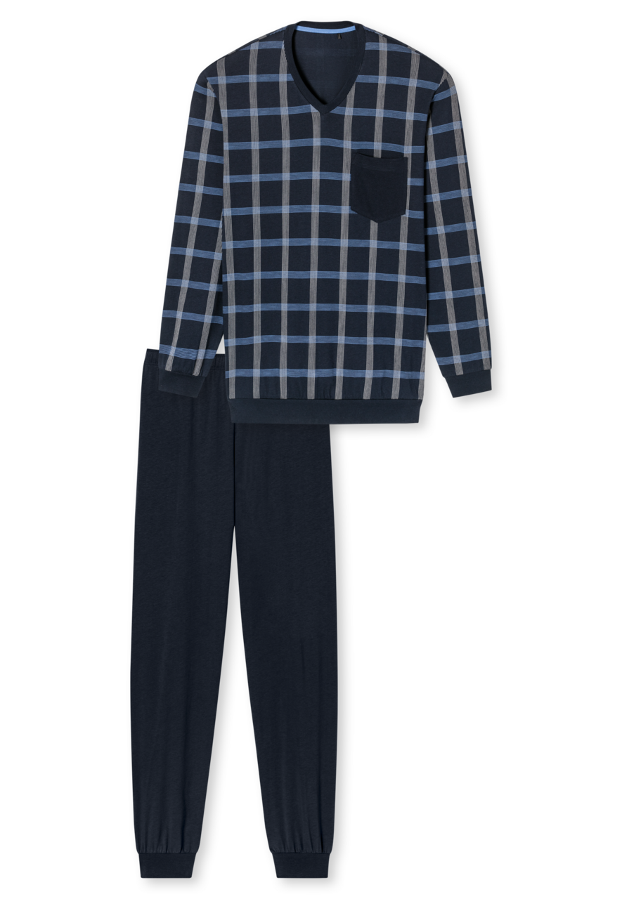 SCHIESSER Comfort Nightwear pyjamaset, heren pyjama lang organic cotton V-hals manchetten borstzak nachtblauw geruit