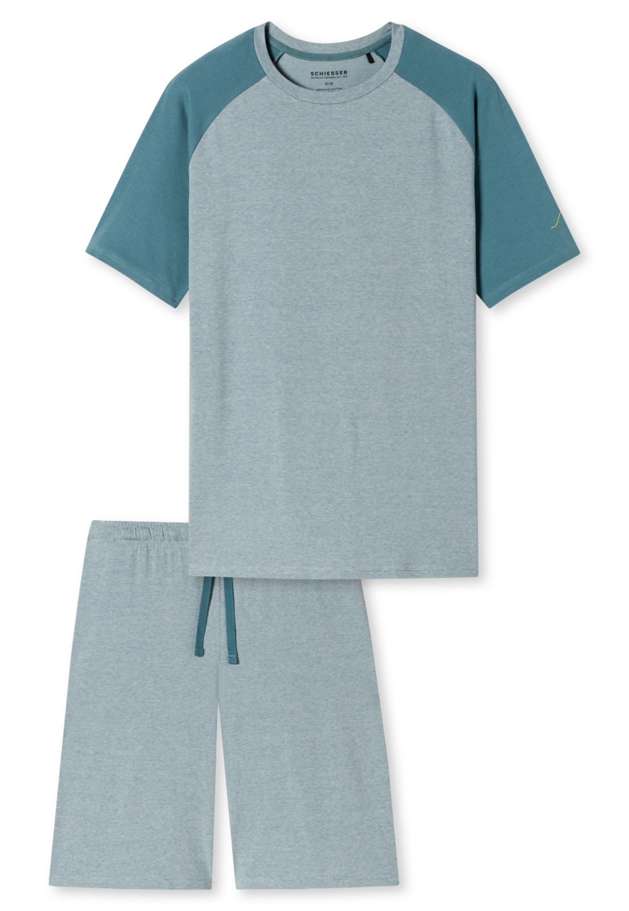 SCHIESSER 95/5 Nightwear shortamaset, heren shortama organic cotton strepen golf blauw-grijs