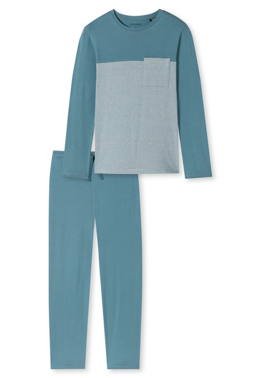 SCHIESSER 95/5 Nightwear pyjamaset, heren pyjama lang organic cotton strepen borstzak blauw-grijs