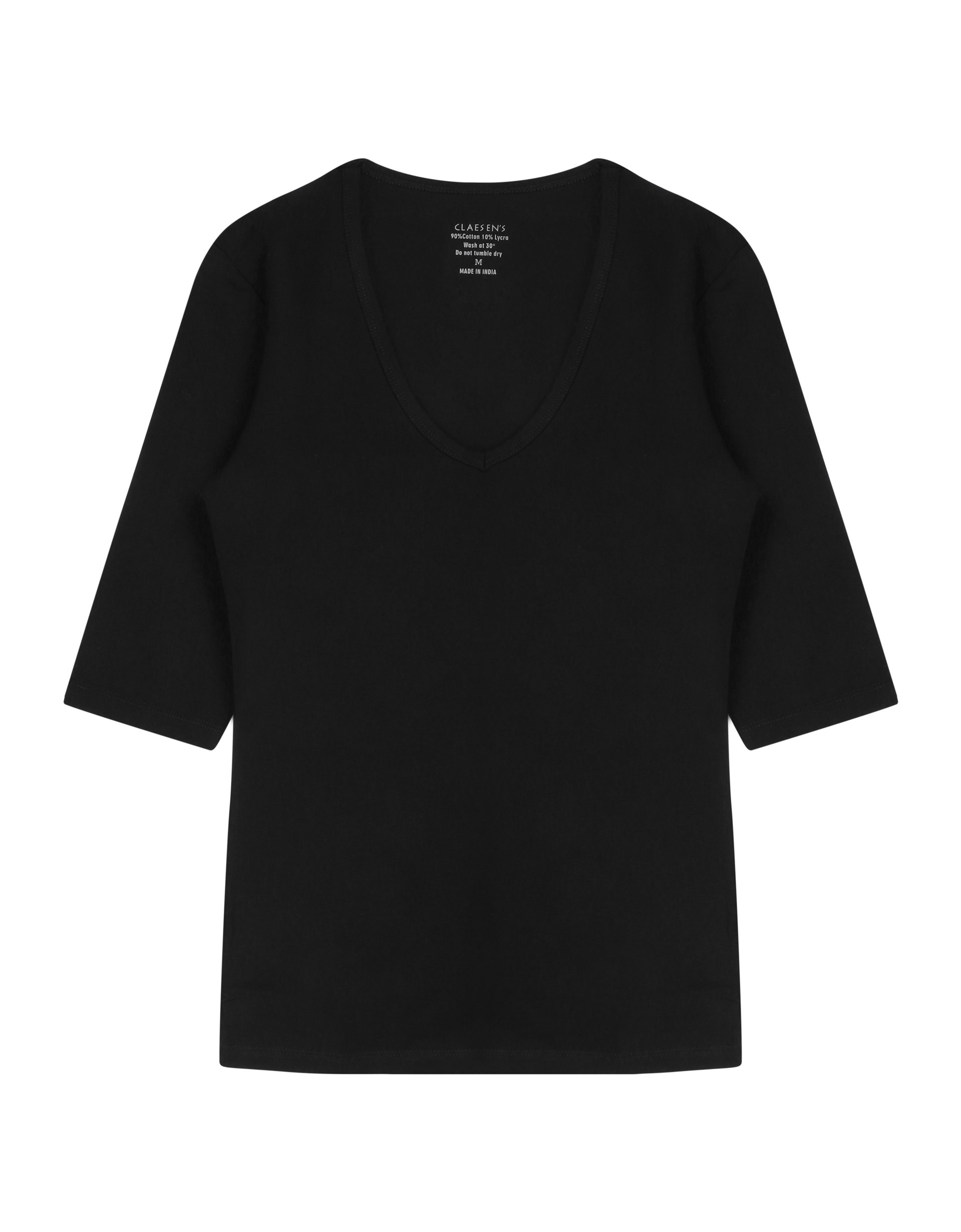 Claesen's dames Basics T-shirt (1-pack), 3/4 mouw V-hals T-shirt, zwart